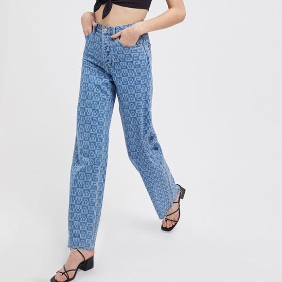 Urban Outfitters BDG Nudes Lettering High Waisted Wide Leg Raw Hem Denim Jeans - Picture 2 of 15